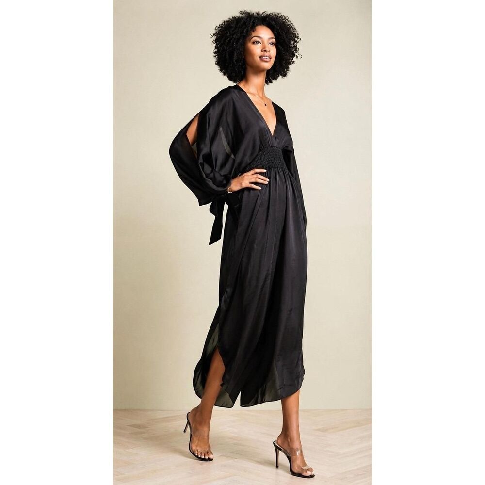 MISA Los Angeles Black Viscose Cold Shoulder Smocked Jumpsuit Velvet Ties S